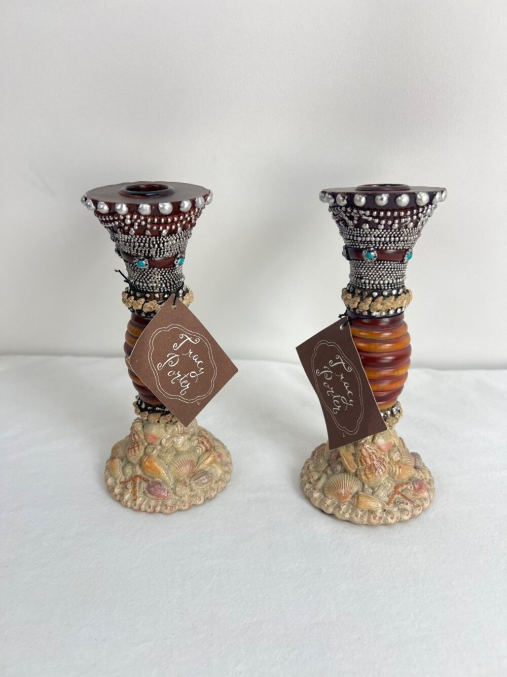Tracy Porter Beaded Coastal Shell Candle Holders 7" Pair Resin Boho
